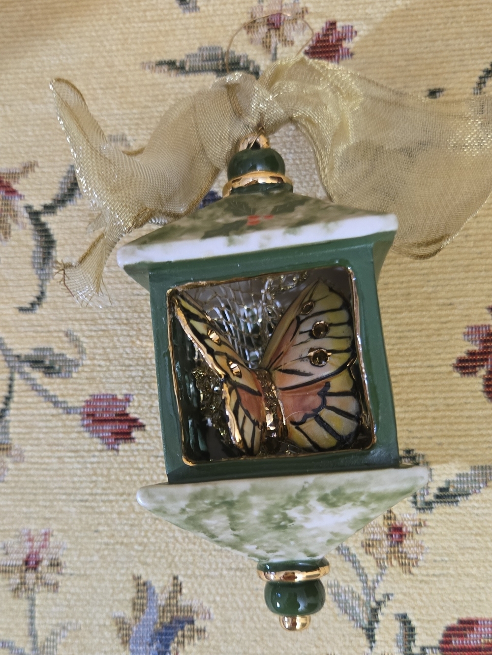 Green Butterfly Lantern Ornament with Gold Accents - Unbranded